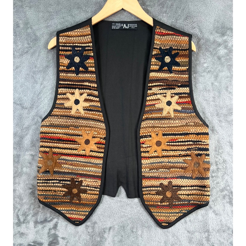 Leather Suede Woven Vest Womens Small Western Festival Cowgirl Artsy Boho
